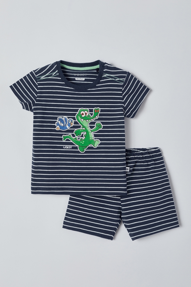 Pamuklu Erkek Bebek Pijama-Pza - 981-Krokodil Temalı Lacivert Çizgili