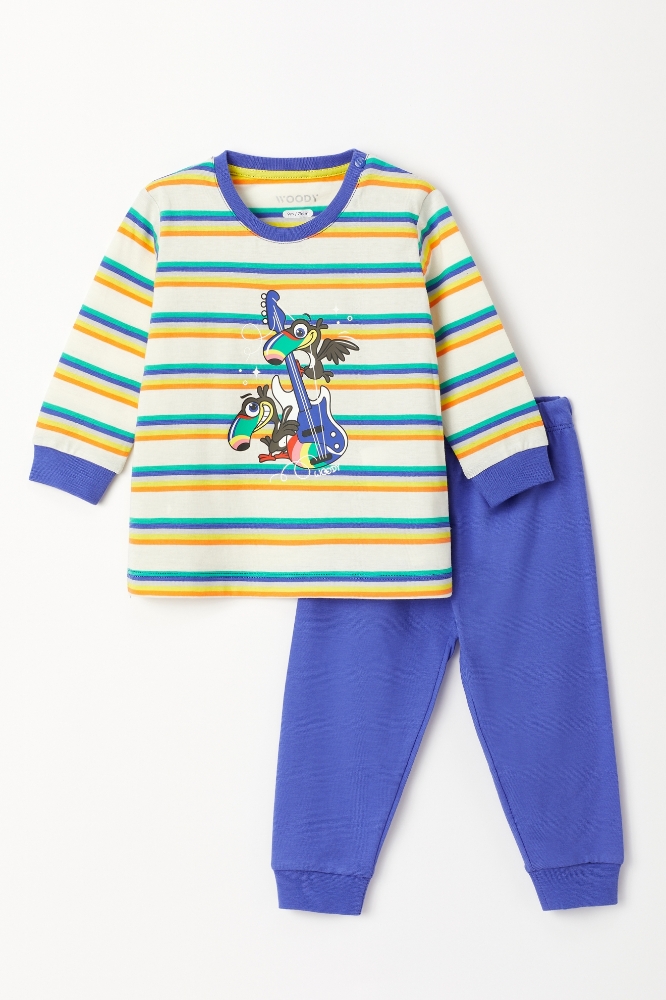 Pamuklu Erkek Bebek Pijama-Plc - 908-Tukan Temalı Çizgili Mavi