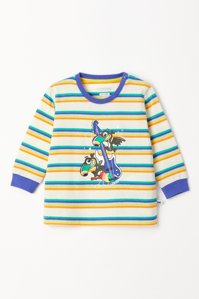 Pamuklu Erkek Bebek Pijama-Plc - 908-Tukan Temalı Çizgili Mavi