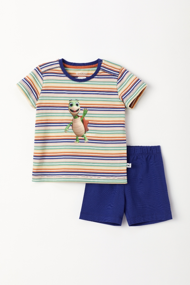 Pamuklu Erkek Bebek Pijama-Pus - 906-Kaplumbağa Temalı Çizgili Turuncu
