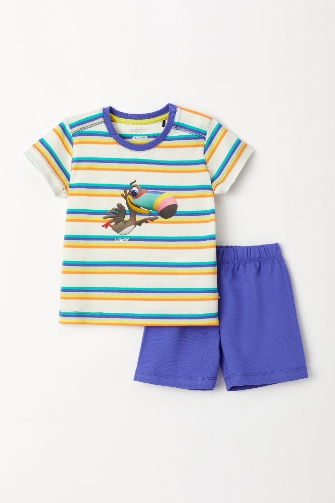 Pamuklu Erkek Bebek Pijama-Pus - 908-Tukan Temalı Çizgili Mavi