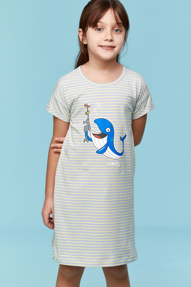 10-16 Kız Çocuk Gecelik-Dza - 916-Balina Temalı Çizgili Mavi