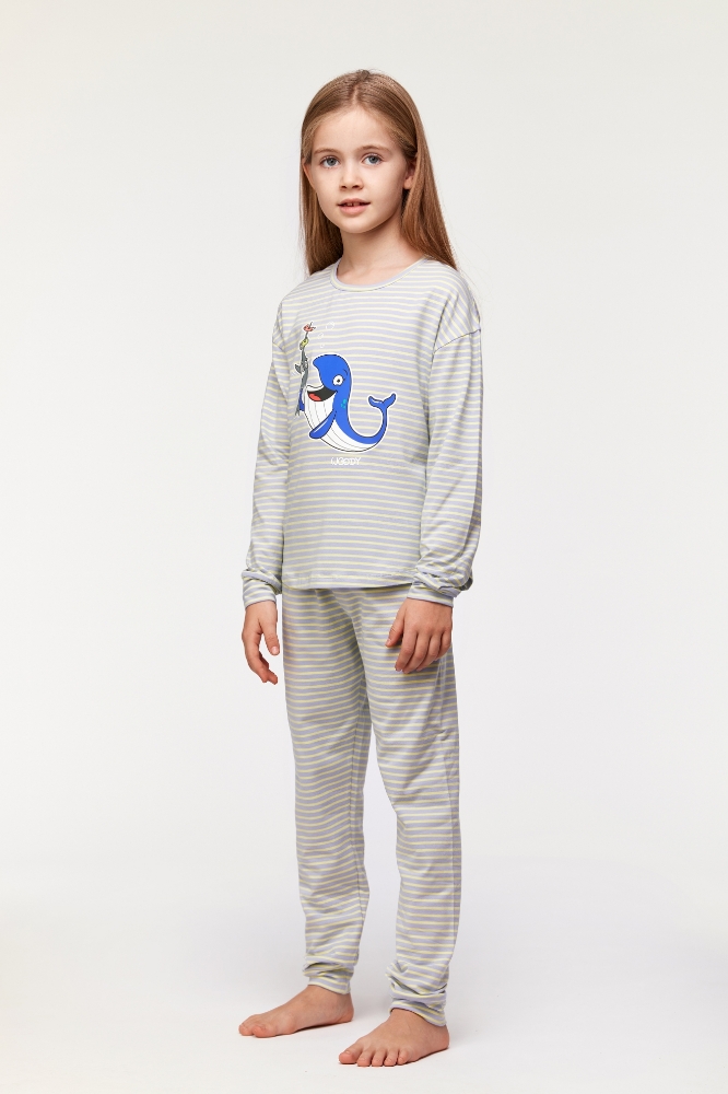 10-16 Yaş Kız Çocuk Pijama-Pzb - 916-Balina Temalı Çizgili Mavi