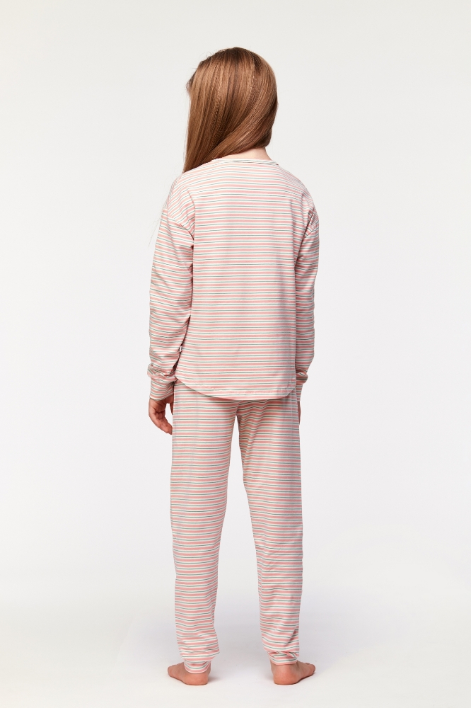 10-16 Yaş Kız Çocuk Pijama-Pzb - 917-Kaplumbağa Temalı Çizgili Pembe