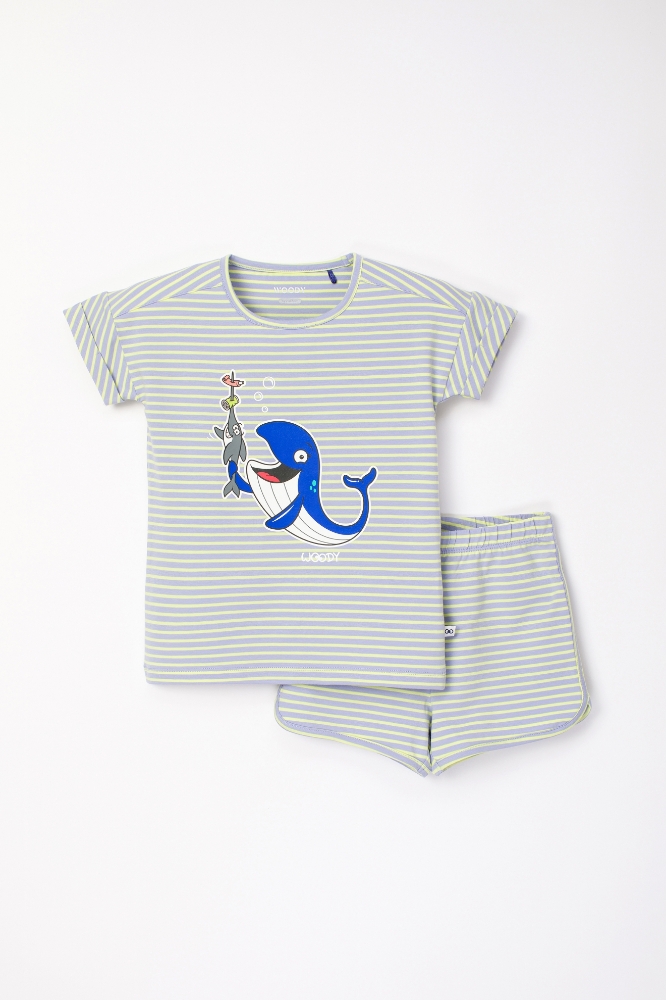 2-8 Yaş Kız Çocuk Pijama-Pzg - 916-Balina Temalı Çizgili Mavi