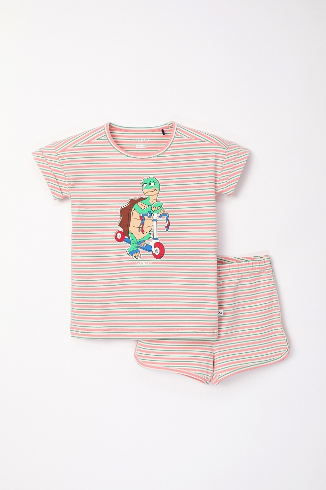 2-8 Yaş Kız Çocuk Pijama-Pzg - 917-Kaplumbağa Temalı Çizgili Pembe