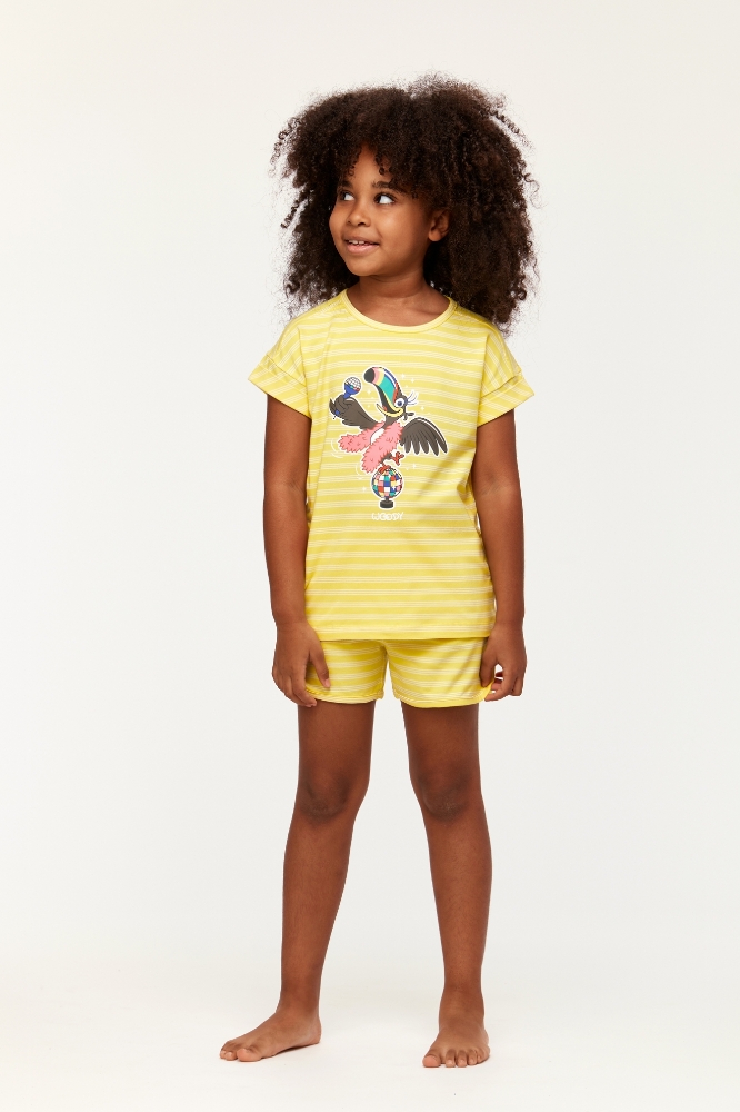 2-8 Yaş Kız Çocuk Pijama-Pzg - 918-Tukan Temalı Çizgili Sarı
