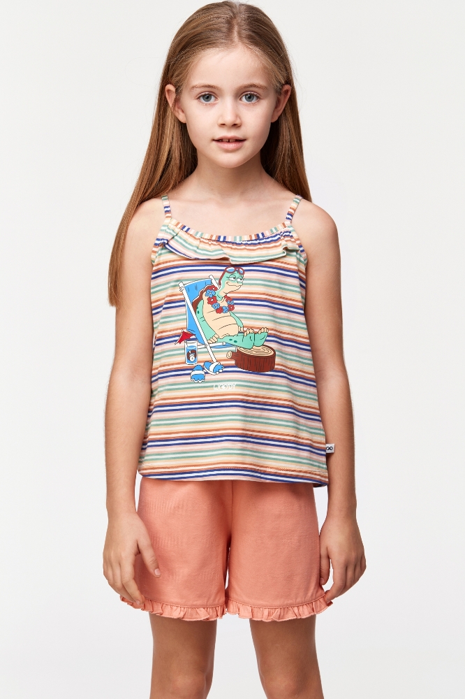 10-16 Yaş Kız Çocuk Pijama-Psp - 906-Kaplumbağa Temalı Çizgili Turuncu