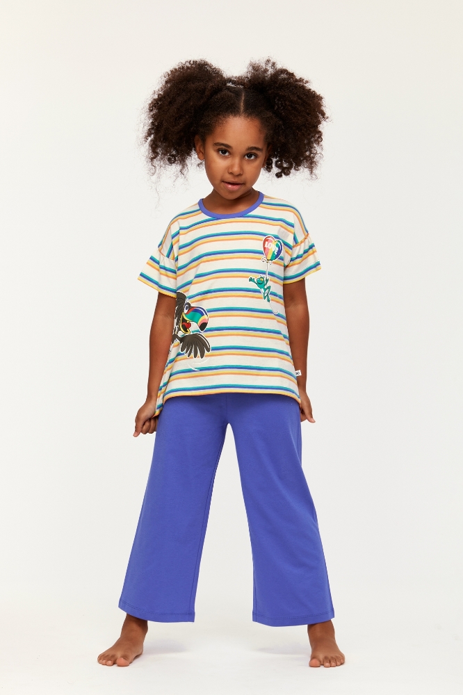 2-8 Yaş Kız Çocuk Pijama-Bsk - 908-Tukan Temalı Çizgili Mavi