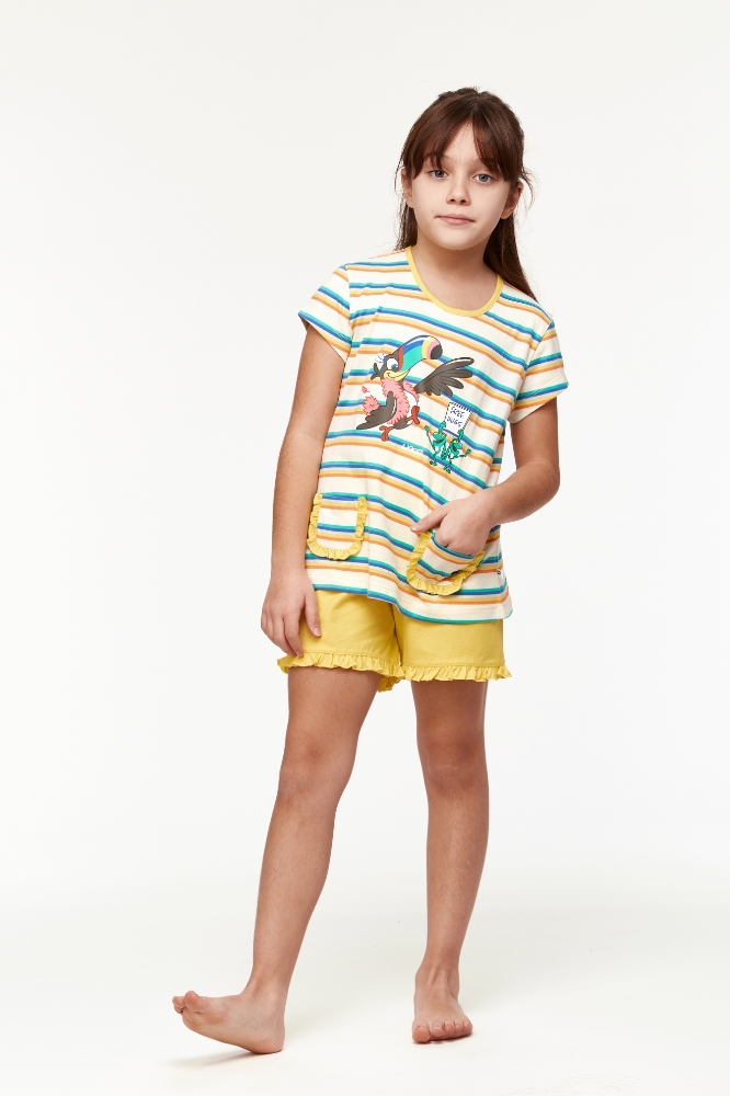 2-8 Yaş Kız Çocuk Pijama-Psg - 908-Tukan Temalı Çizgili Mavi