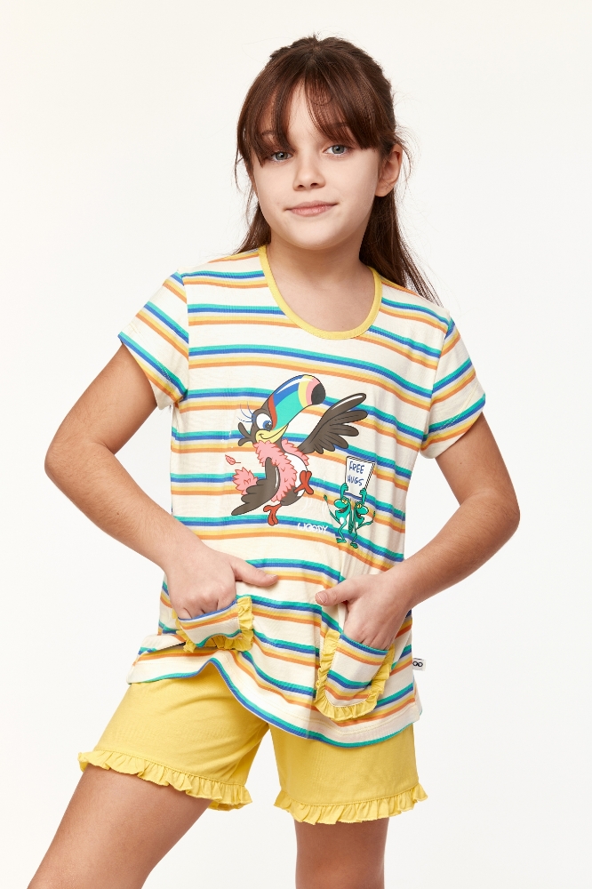 2-8 Yaş Kız Çocuk Pijama-Psg - 908-Tukan Temalı Çizgili Mavi