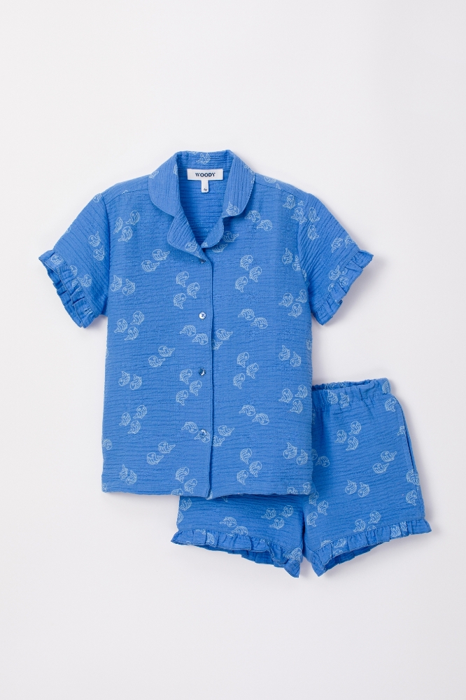 10-16 Yaş Kız Çocuk Pijama-Wpj - 938-Balina Baskılı Mavi