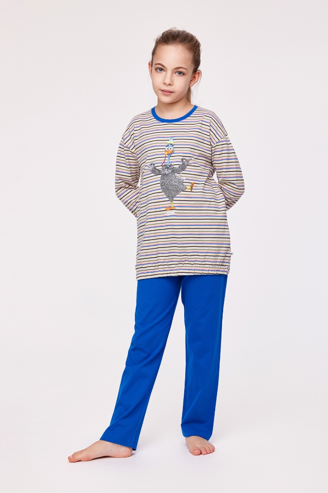 2-8 Yaş Kız Çocuk Pijama-Bsl - 908-Hindi Temalı Çizgili Mavi