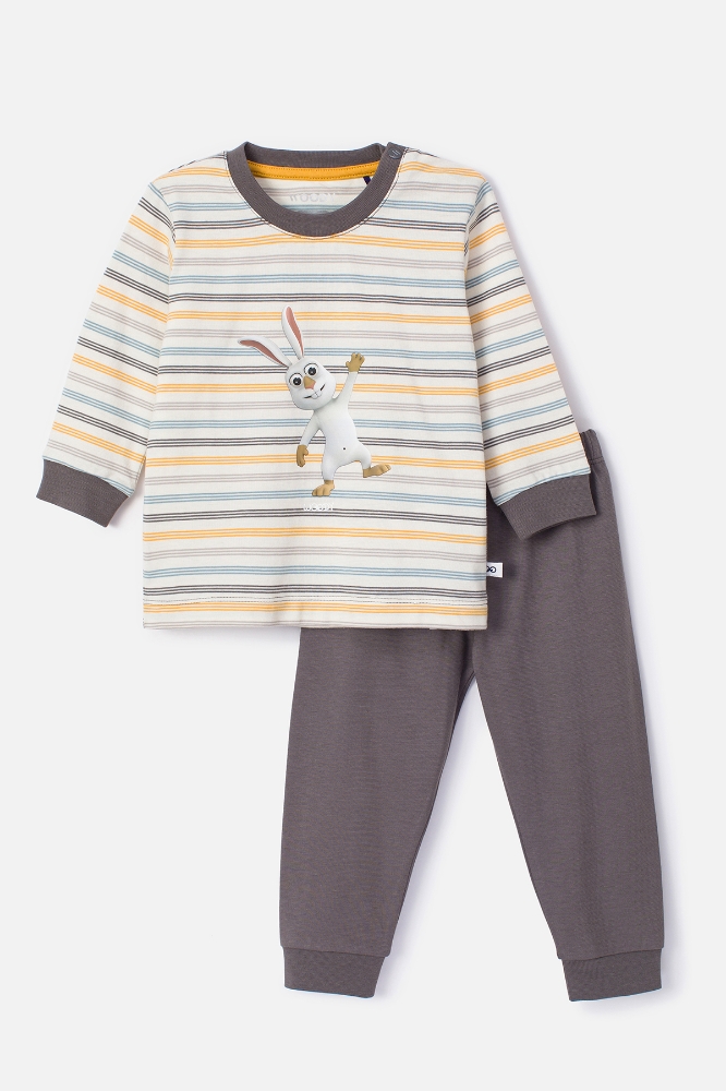 Pamuklu Erkek Bebek Pijama-Plc - 906-Hare Temalı Çizgili Ekru