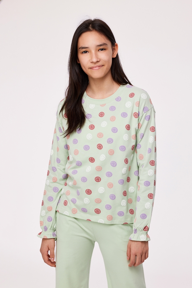 2-8 Yaş Kız Çocuk Pijama-Ypa - 955-Smiley Baskılı Turkuaz
