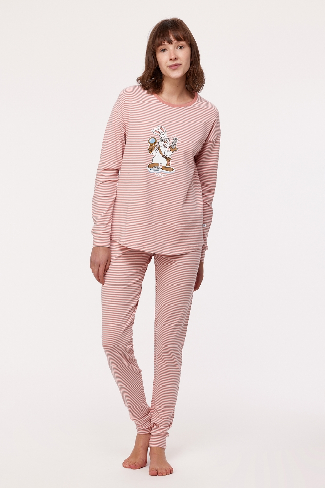 Kadın Pijama-Pzg - 919-Hare Temalı Çizgili Pembe