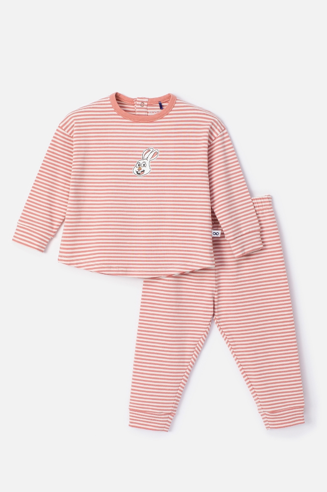 Pamuklu Kız Bebek Pijama-Pzg - 919-Hare Temalı Çizgili Pembe