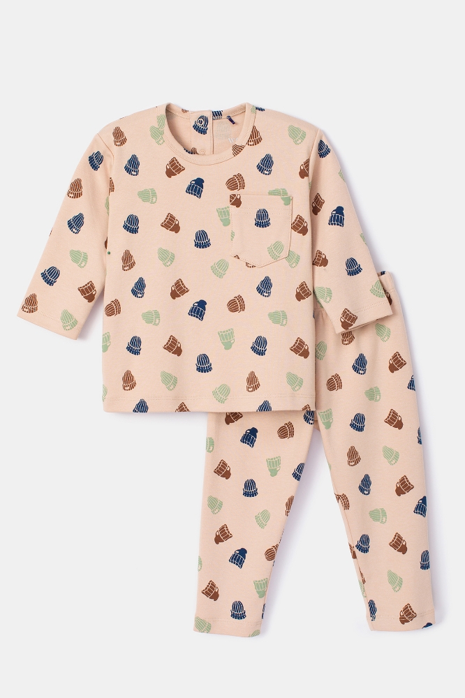 Pamuklu Erkek Bebek Pijama-Plq - 931-Bere Baskılı Krem
