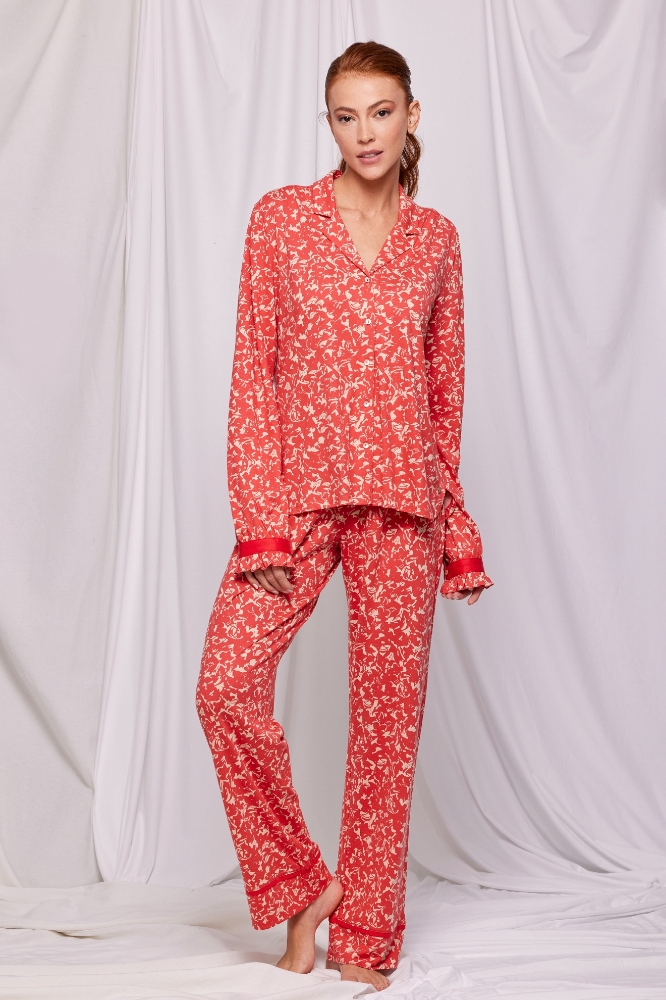 Önden Düğmeli Yakalı Pijama-Xpb - 982-Desenli Kırmızı