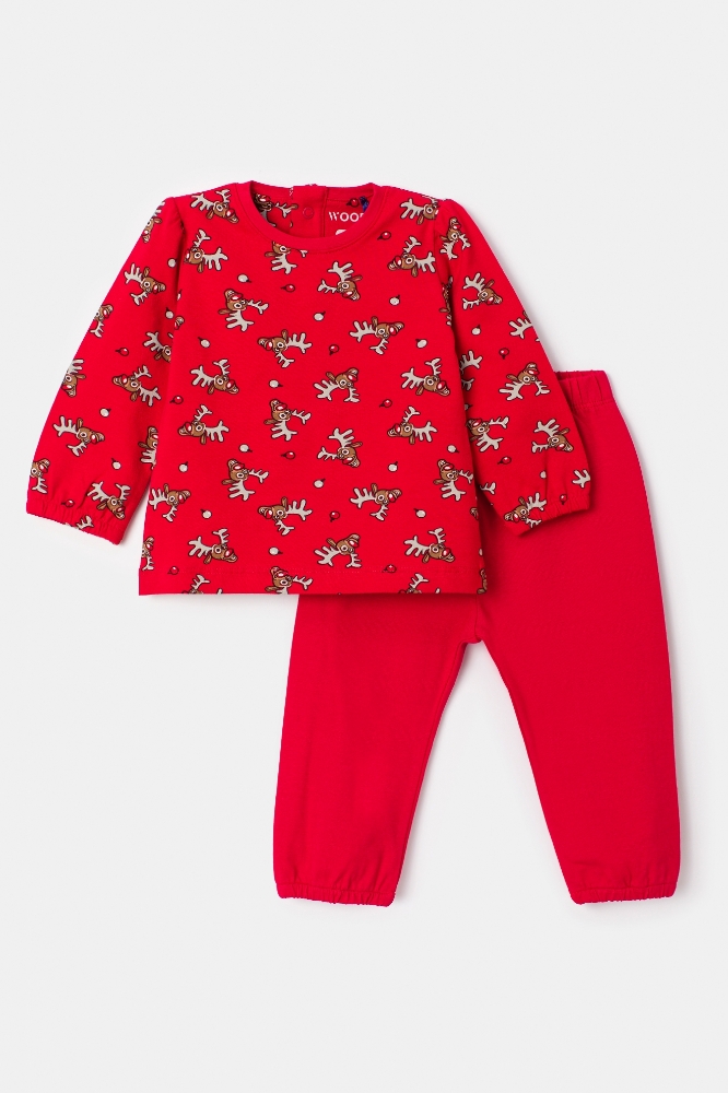 Pamuklu Kız Bebek Pijama-Cpb - 988-Geyik Baskılı Kırmızı