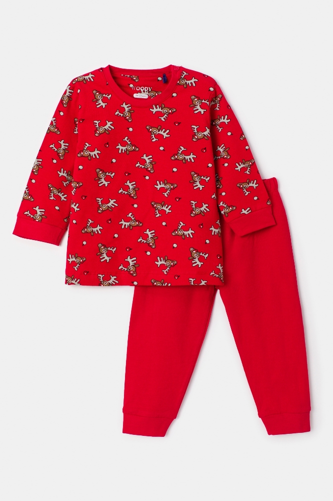 Pamuklu Erkek Bebek Pijama-Cpa - 988-Geyik Baskılı Kırmızı