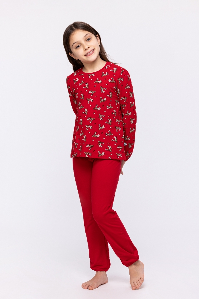 2-8 Yaş Kız Çocuk Pijama-Cpb - 988-Geyik Baskılı Kırmızı