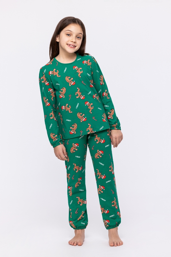 2-8 Yaş Kız Çocuk Pijama-Cpb - 971-Yılbaşı Temalı Kurabiye Baskılı Yeşil