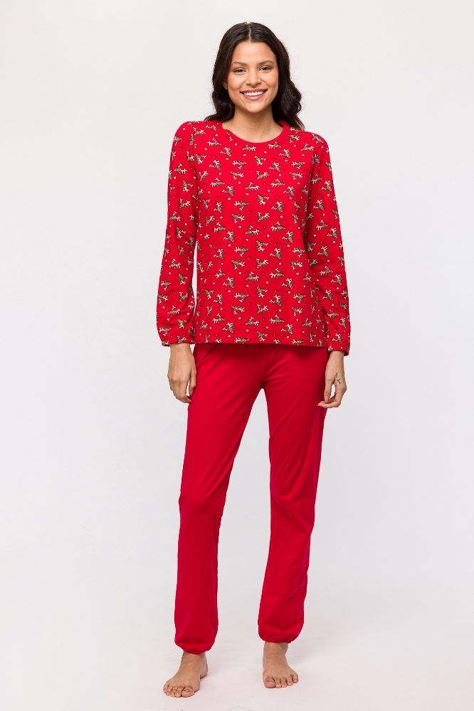 Kadın Pijama-Cpb - 988-Geyik Baskılı Kırmızı