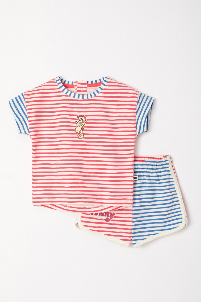 Pamuklu Kız Bebek Pijama-Pzg - 922-Denizatı Temalı Çizgili Pembe