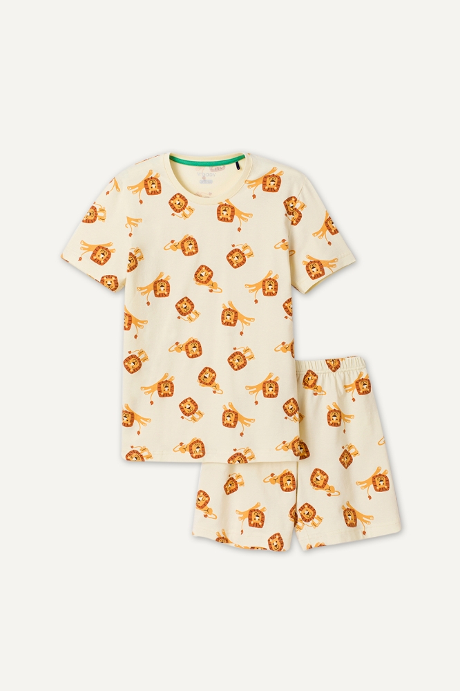 Pamuklu Erkek Bebek Pijama-Pza - 913-Aslan Baskılı Ekru