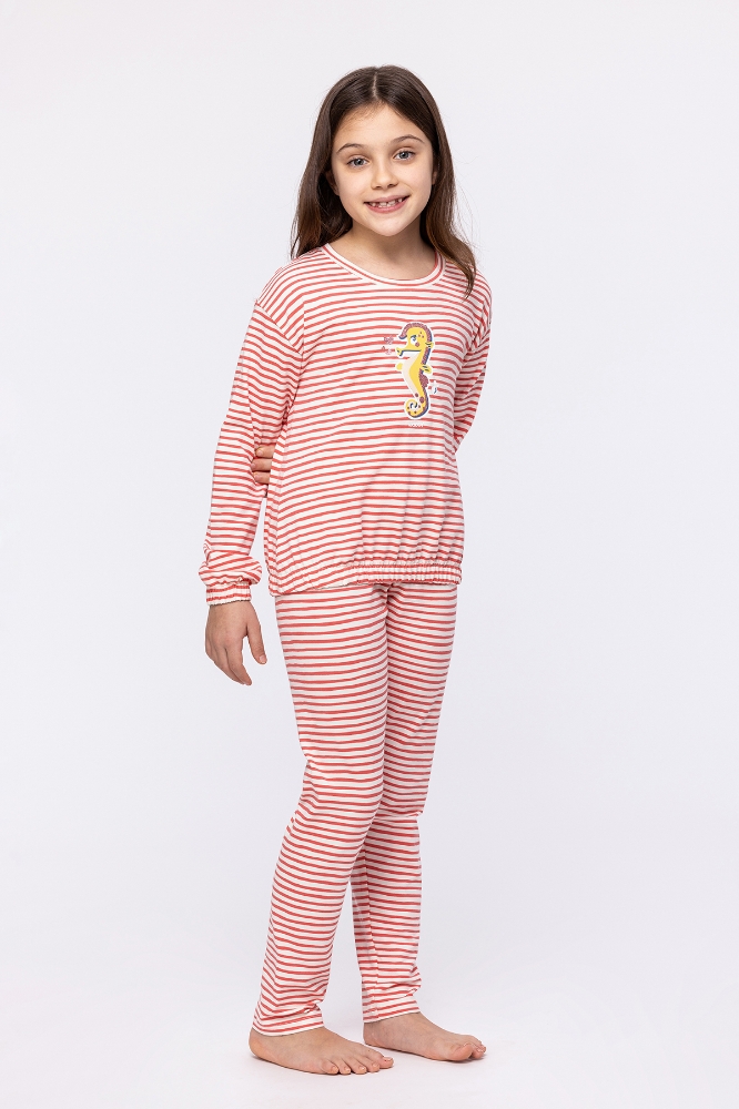 10-16 Yaş Kız Çocuk Pijama-Pzb - 922-Denizatı Temalı Çizgili Pembe