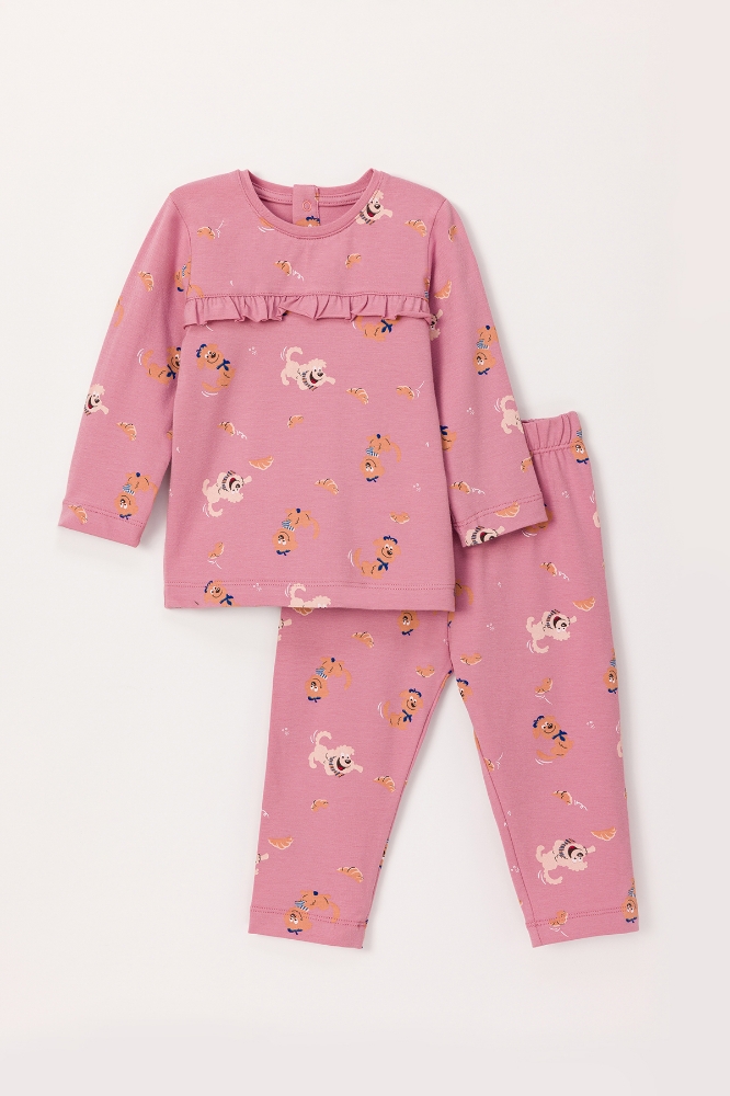 Pamuklu Kız Bebek Pijama-Pzg - 910-Köpek Baskılı Pembe