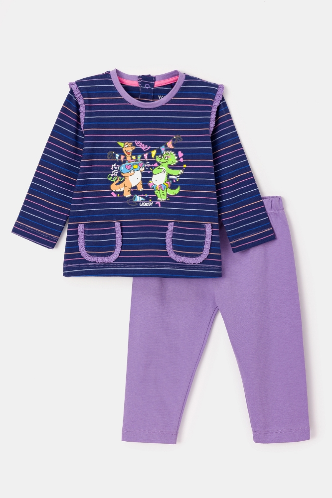 Pamuklu Kız Bebek Pijama-Plg - 973-Dinozor Temalı Çizgili Mavi