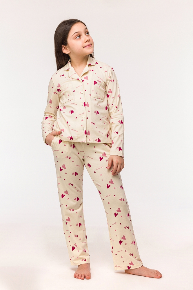 10-16 Yaş Kız Çocuk Pijama-Ypd - 912-Kalp Baskılı Ekru