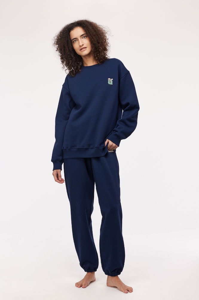 Unisex Bisiklet Yaka Sweatshirt-Slh - 885-Lacivert