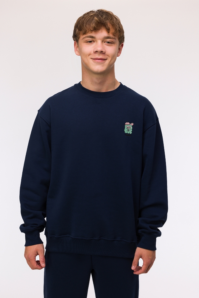 Unisex Bisiklet Yaka Sweatshirt-Slh - 885-Lacivert