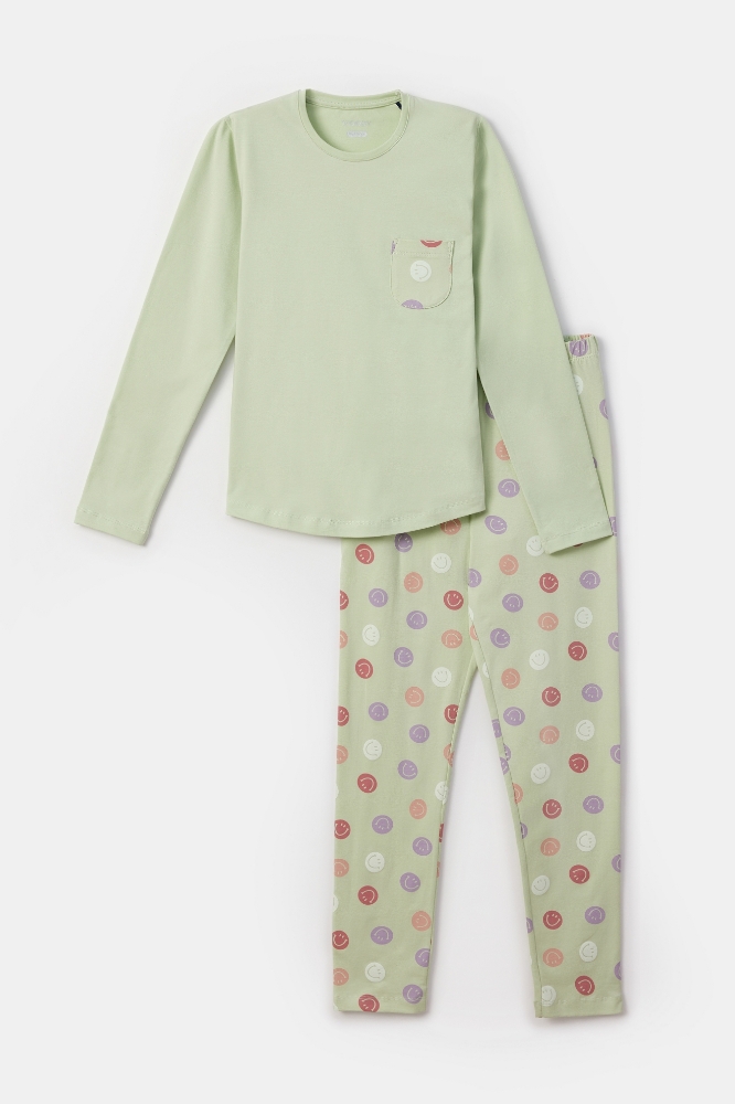 10-16 Yaş Kız Çocuk Pijama-Dzz - 955-Smiley Baskılı Turkuaz