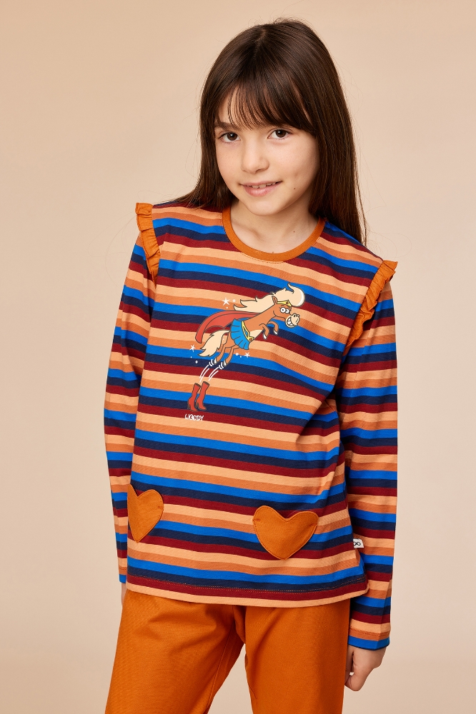 10-16 Yaş Kız Çocuk Pijama-Plg - 913-çizgili Turuncu