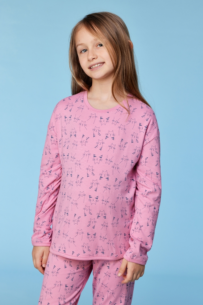 2-8 Yaş Kız Çocuk Pijama-Pzg - 923-kedi Baskılı Pembe
